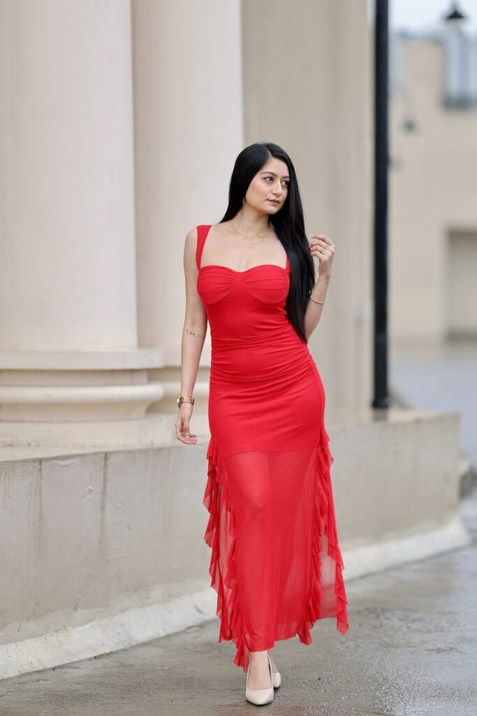 Red Ruched Bodycon Maxi Dress + Nude Pointed-Toe Heels + Gold Watch