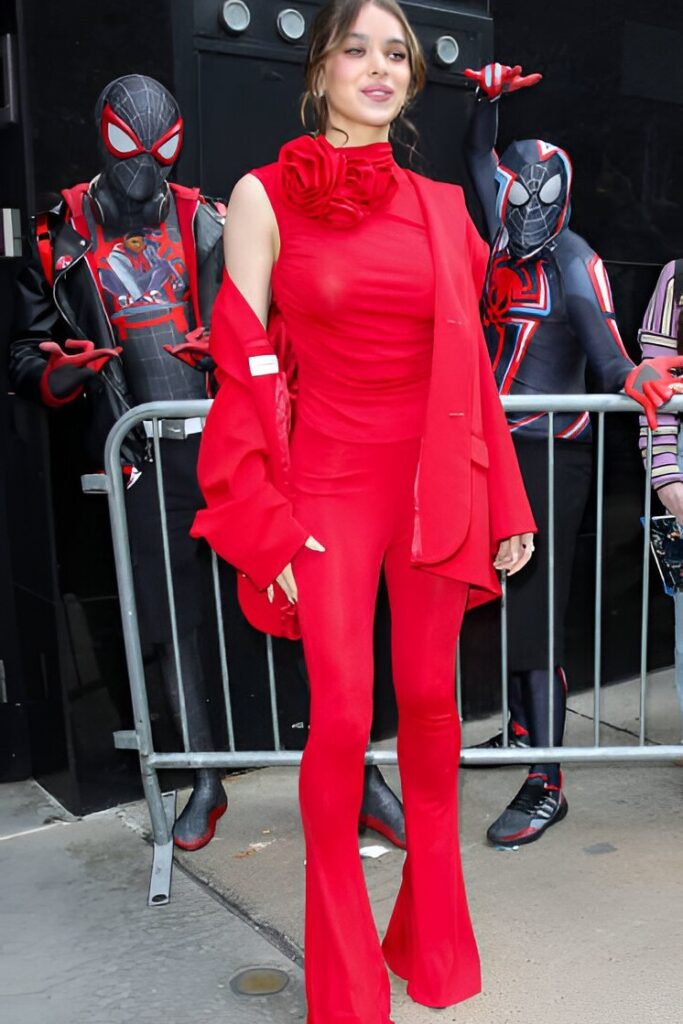 Red Sleeveless Turtleneck + Red Oversized Blazer + Red Flared Leggings