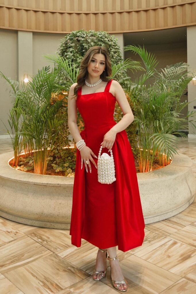 Red Square-Neck Midi Dress + Silver Heels + Pearl Accessory Set (Necklace, Bracelet, and Bag