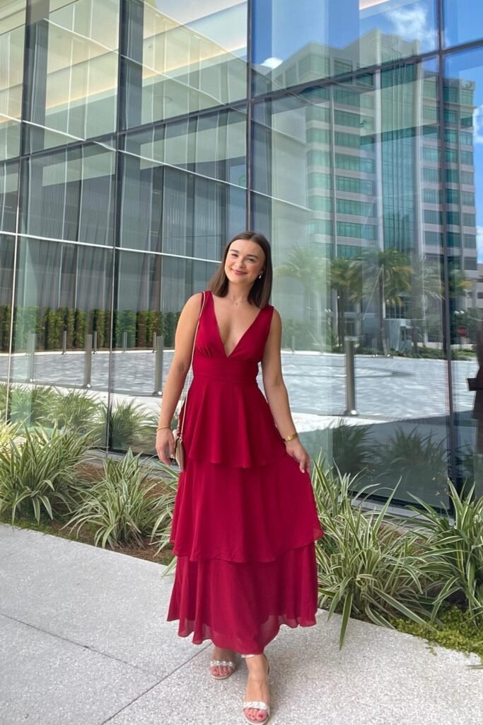 Red V-Neck Tiered Maxi Dress + Gold Strappy Sandals + Gold Jewelry
