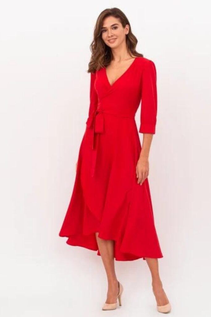 Red Wrap-Style Midi Dress with 3/4 Sleeves + Nude Pointed-Toe Pumps