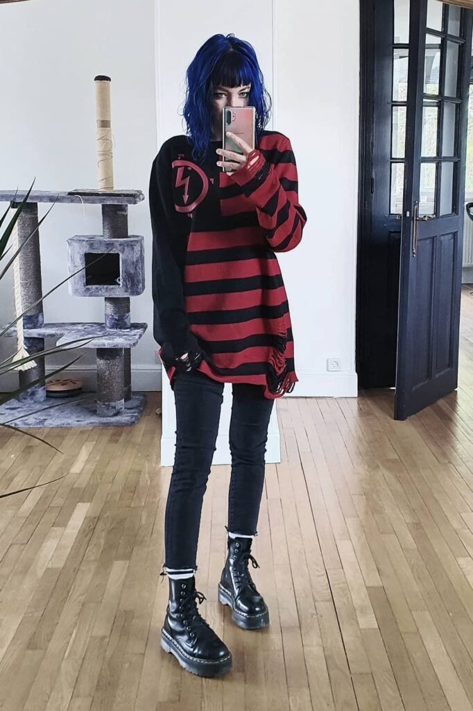 Red and Black Striped Distressed Sweater + Black Skinny Jeans + Black Platform Combat Boots