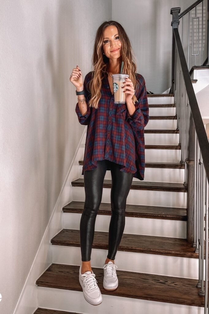 Red and Blue Plaid Oversized Flannel + Black Faux Leather Leggings + White Sneakers