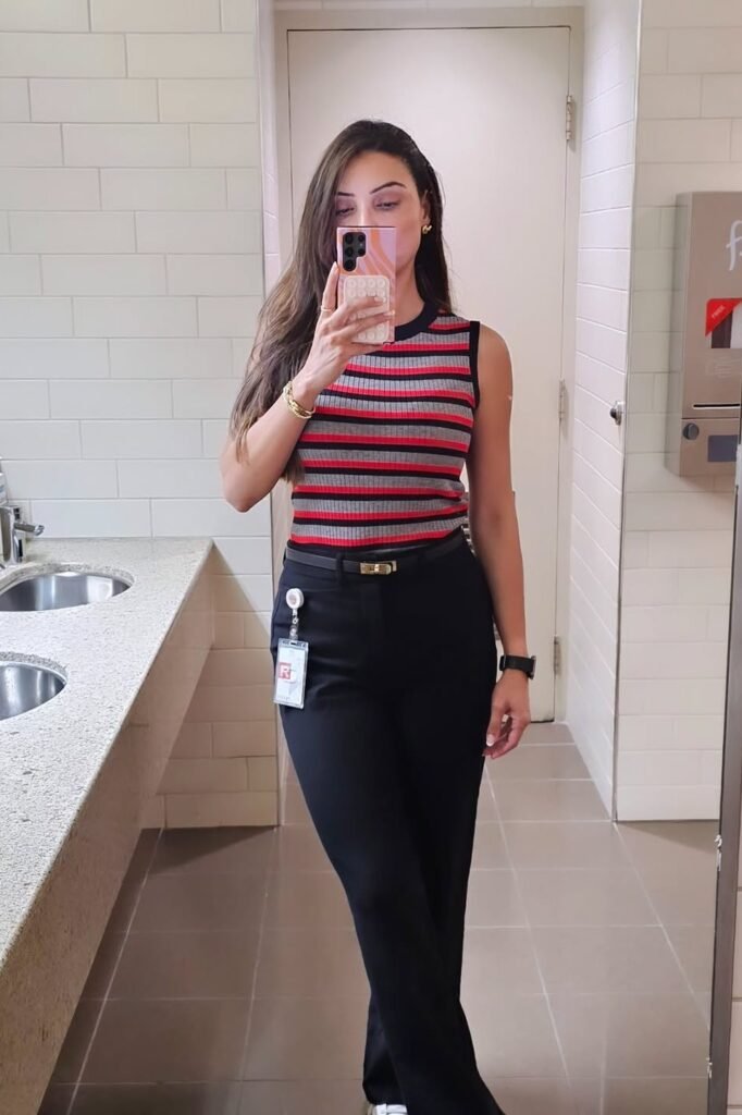 Red and Grey Striped Ribbed Tank Top + Black Slim-Fit Trousers + White Sneakers