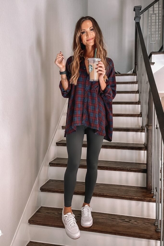 Red and Navy Oversized Plaid Shirt + Dark Grey Leggings + White Low-Top Sneakers