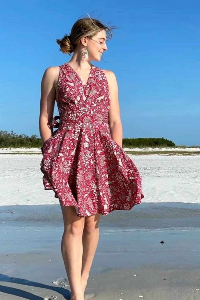 Red and White Floral Print V-Neck Mini Dress + White Statement Earrings