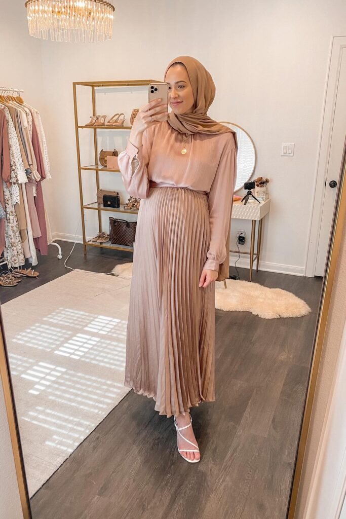 Rose Gold Pleated Satin Hijab Dress + White Strappy Sandals + Gold Pendant
