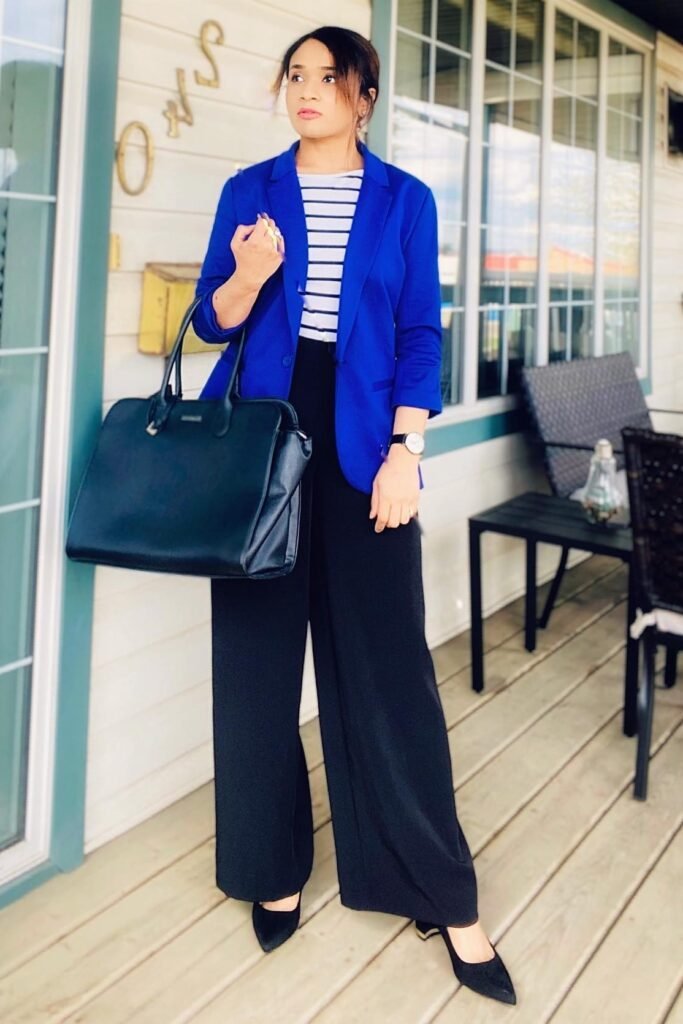 Royal Blue Blazer + Horizontal Striped Top + Black Wide-Leg Trousers + Black Pointed Pumps