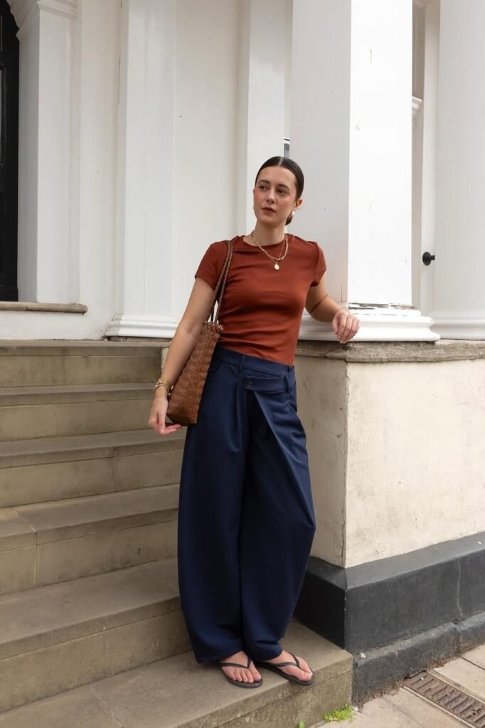 Rust Short-Sleeve Top + Navy Fold-Over Wide-Leg Trousers + Black Flip-Flops