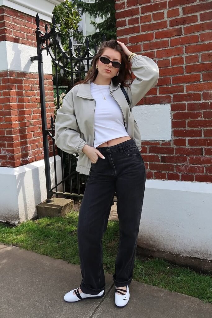 Sage Green Bomber Jacket + White Cropped Tee + Black Baggy Jeans + White Ballet Sneakers