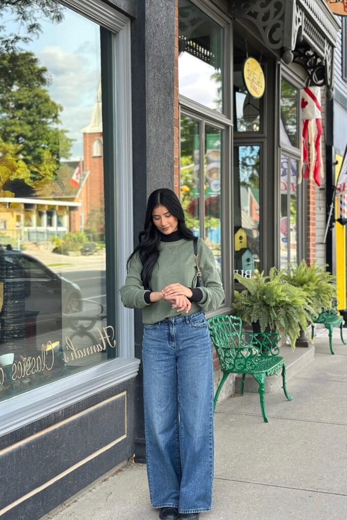 Sage Green Crewneck Sweater + Straight-Leg Blue Jeans + Black Boots