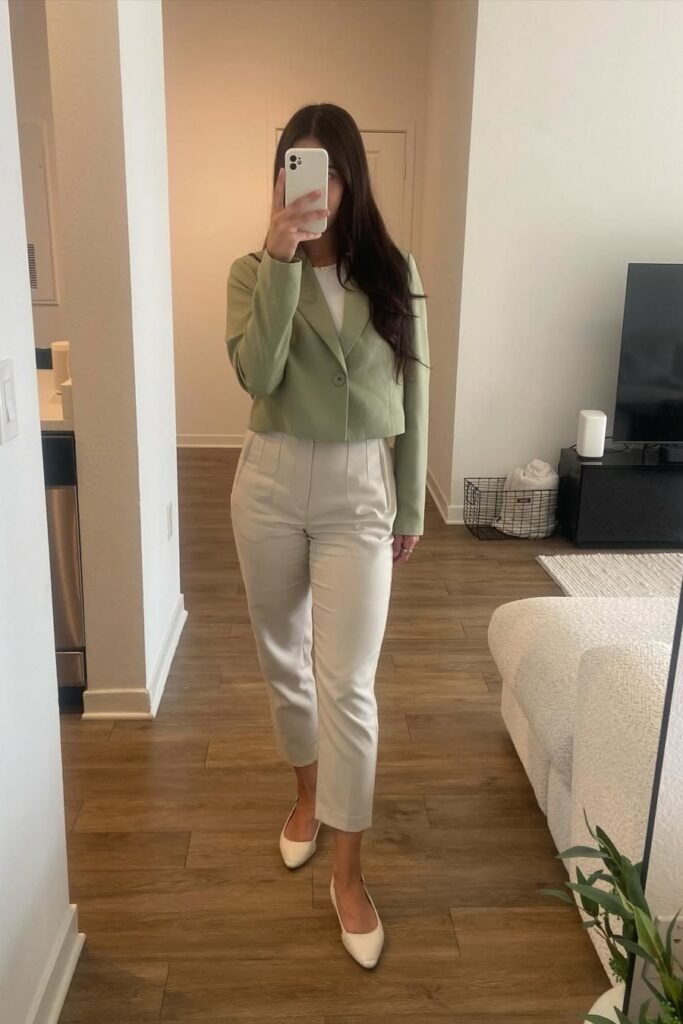 Sage Green Cropped Blazer + White Top + Cream Tapered Trousers + Cream Pointed Flats