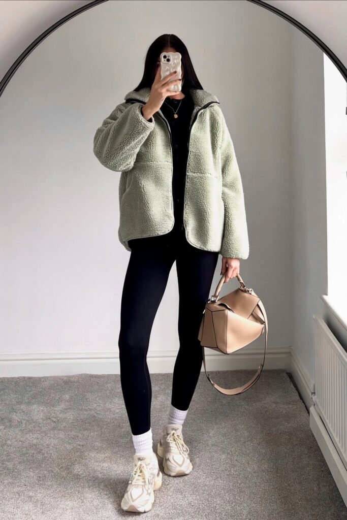 Sage Green Fleece Jacket + Black Top + Black Leggings + Beige Chunky Sneakers