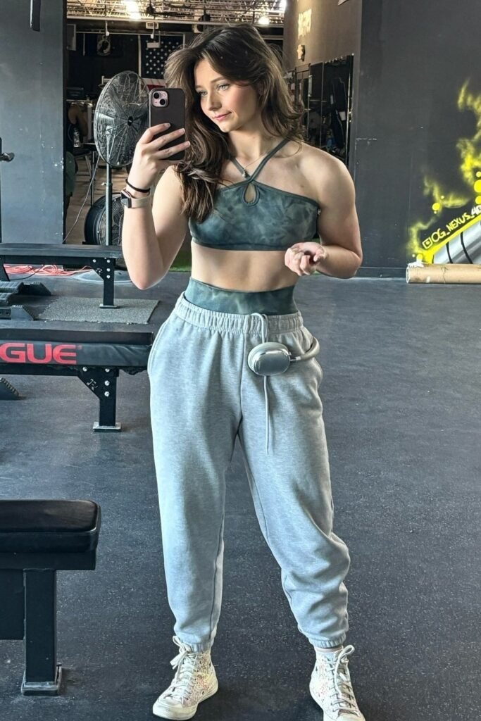 Sage Green Halter Sports Bra + Grey Baggy Sweatpants + Patterned High-top Sneakers