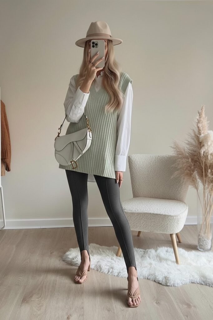Sage Green Knit Vest over White Button-Down + Charcoal Stirrup Leggings + Tan Square-Toe Heeled Sandals