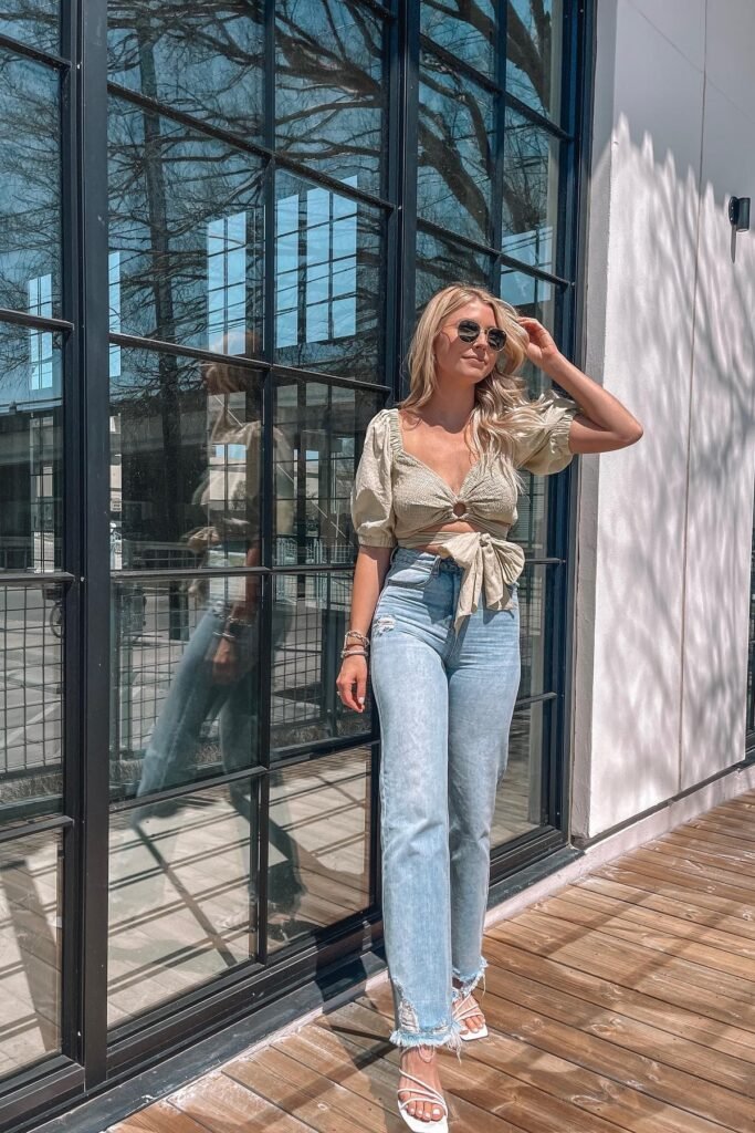 Sage Green Puff-Sleeve Crop Top + Light Wash Distressed Straight-Leg Jeans + White Strappy Sandals