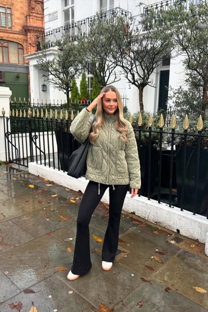 Sage Green Quilted Zip-Up Jacket + Black Flared Leggings + White and Tan Sneakers