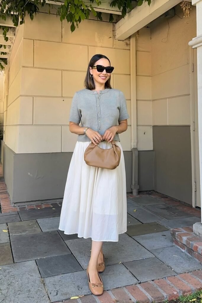 Sage Green Short-Sleeve Cardigan + White Midi Skirt + Tan Ballet Flats