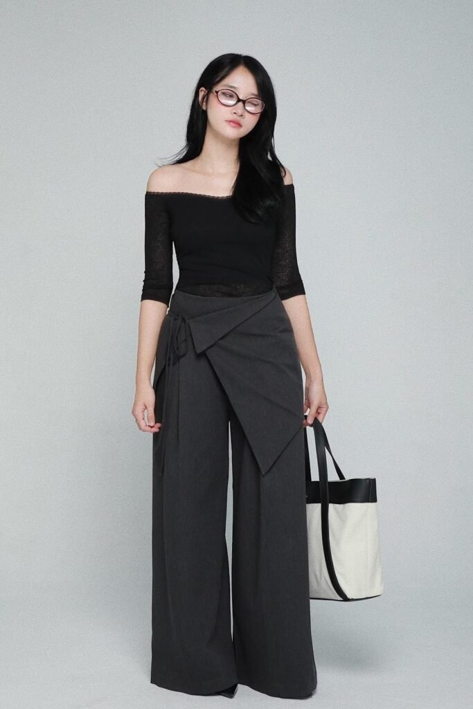Sheer Black Off-the-Shoulder Top + Dark Grey Wrap-Style Wide-Leg Trousers + Canvas Tote Bag