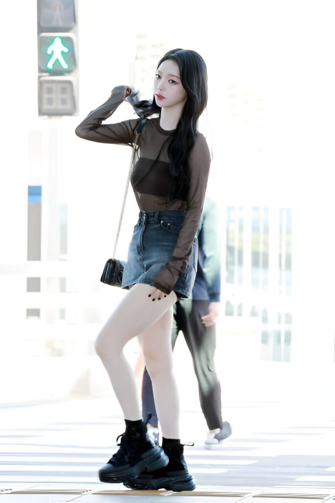 Sheer Brown Mesh Top + Denim Mini Skirt + Black Platform Sneakers