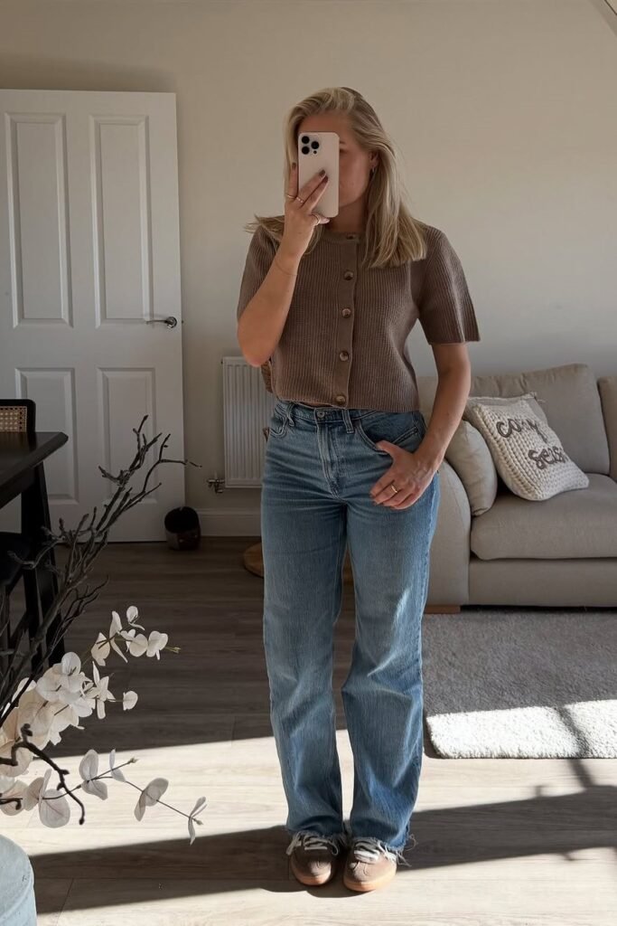 Short-Sleeve Brown Knit Cardigan + Wide-Leg Blue Jeans + Brown Sneakers