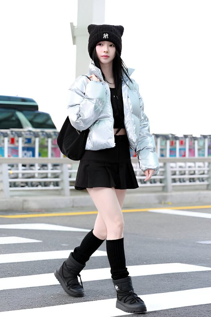 Silver Metallic Puffer + Black Cat-Ear Beanie + Black Puffer Boots