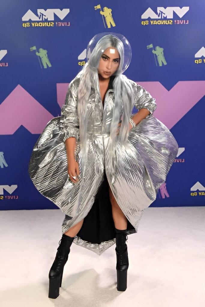 Silver Metallic Puffer Cape Jacket + Clear Bubble Helmet + Black Ultra-High Platform Boots