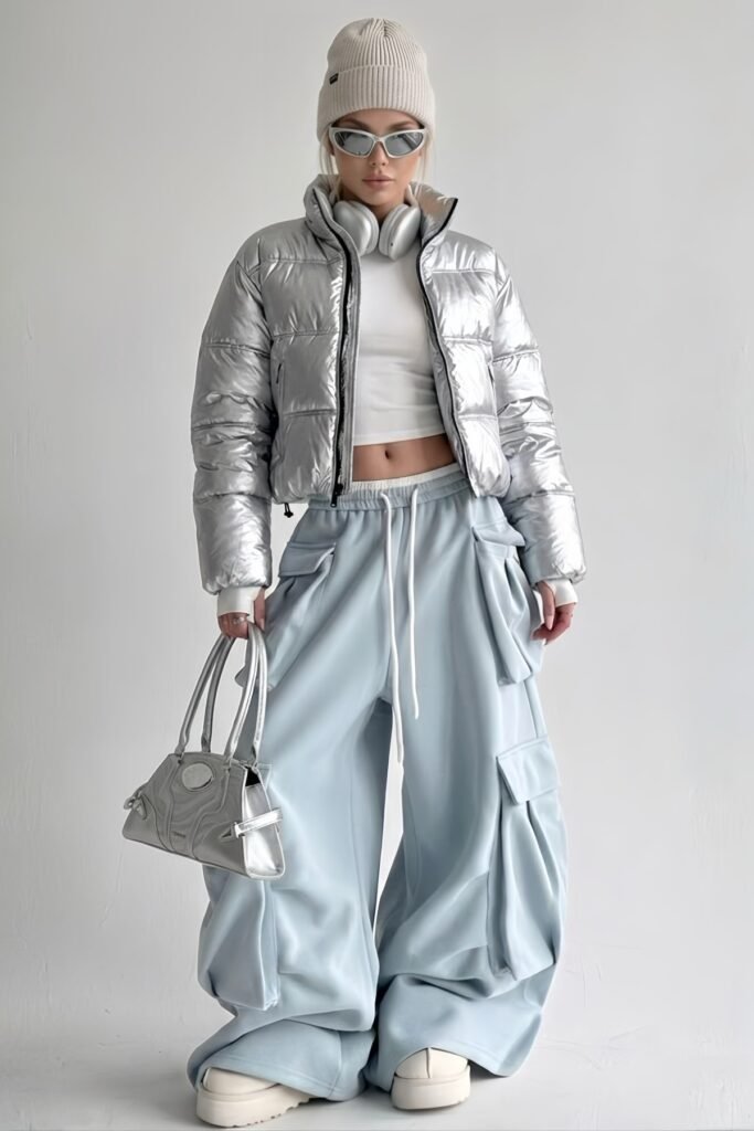 Silver Metallic Puffer Jacket + White Crop Top + Oversized Pastel Blue Cargo Sweats + Silver Sunglasses