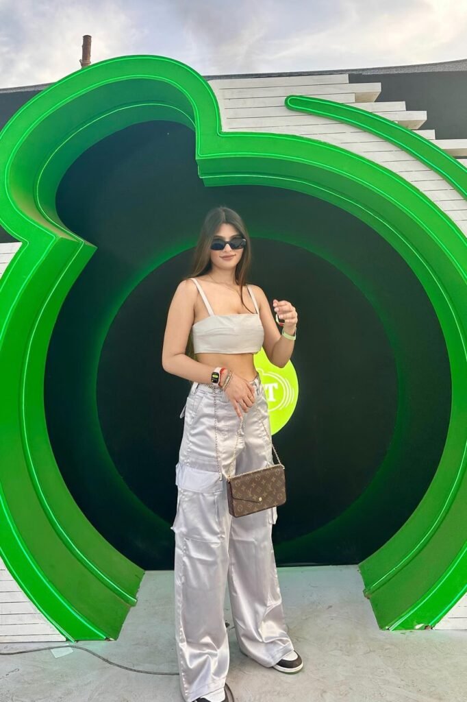 Silver Satin Crop Top + Silver Satin Cargo Pants + Brown Monogram Crossbody Bag