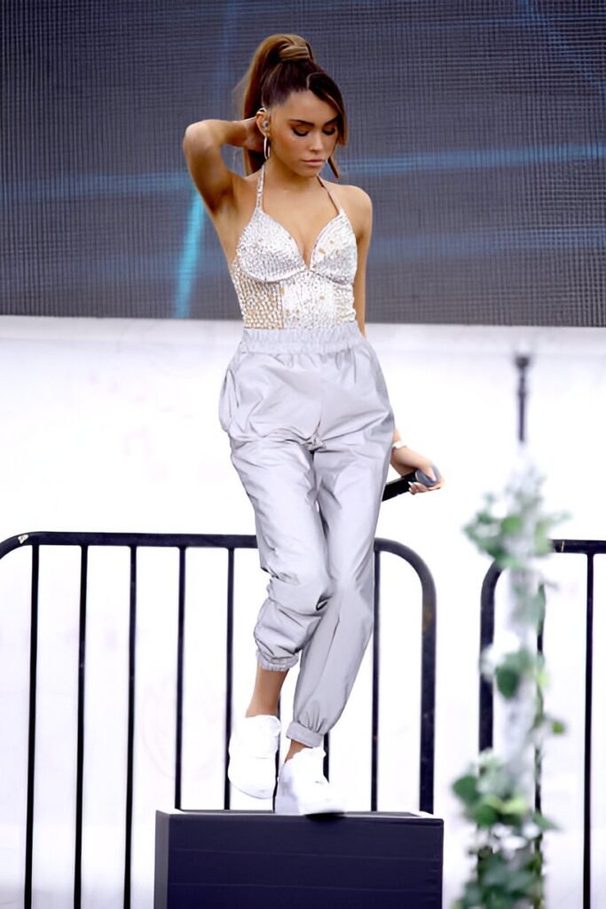 Silver Sequin Halter Top + Grey Reflective Joggers + White Platform Sneakers