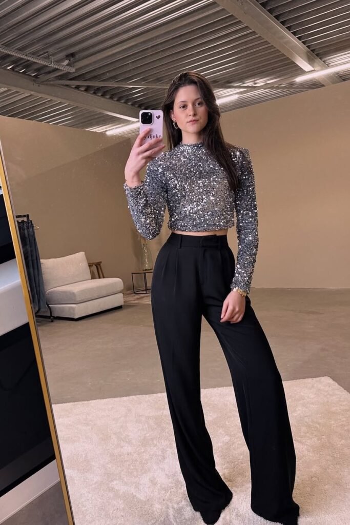 Silver Sequin Long-Sleeve Crop Top + Black High-Waisted Trousers