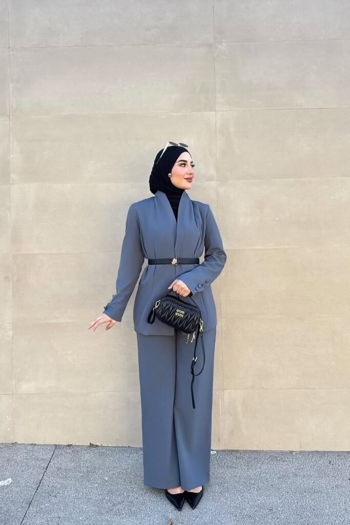Slate Blue Belted Suit Set + Black Turtleneck + Black Pointed Heels