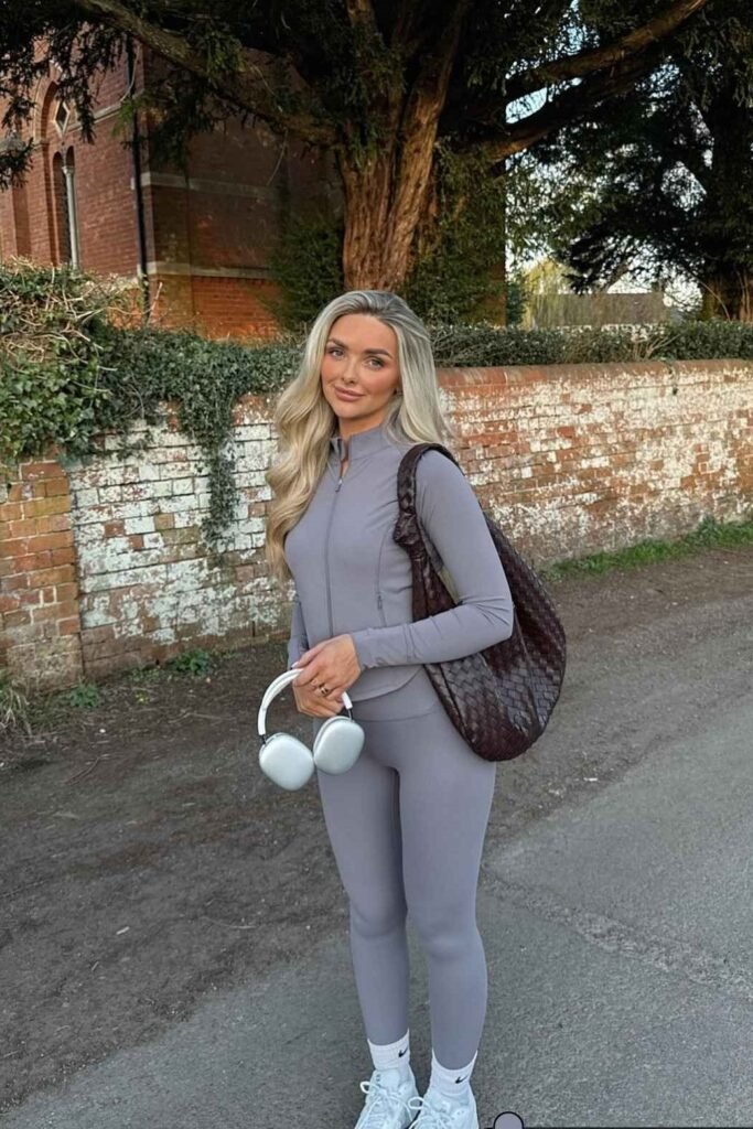 Slate Grey Zip-Up Performance Top + Matching Grey Leggings + White Sneakers