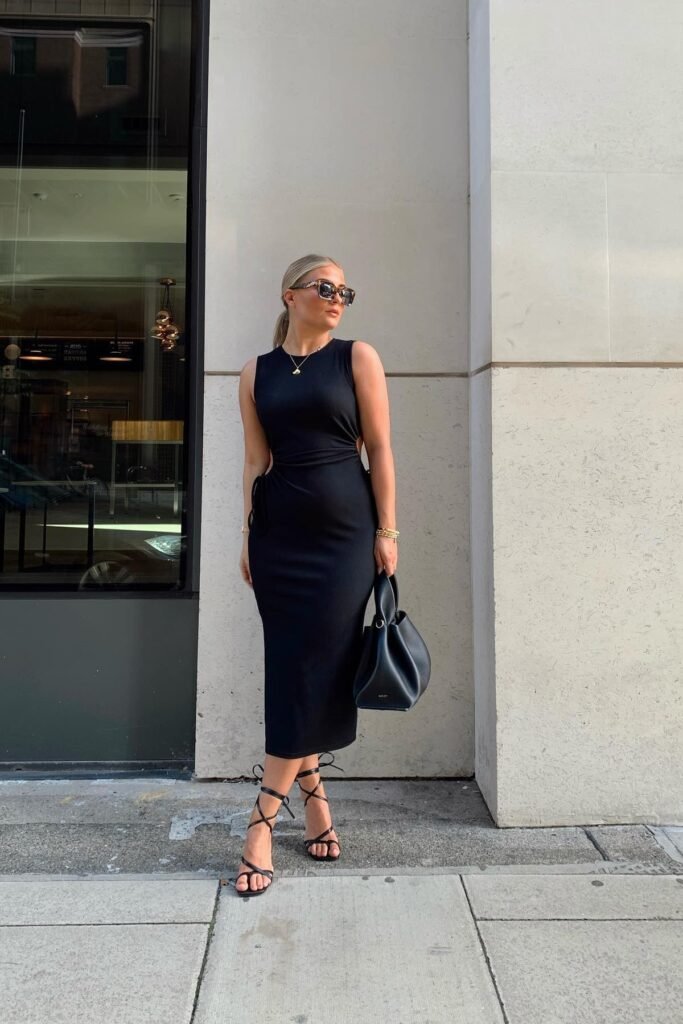 Sleeveless Black Cut-out Midi Dress + Black Strappy Heeled Sandals + Black Leather Tote