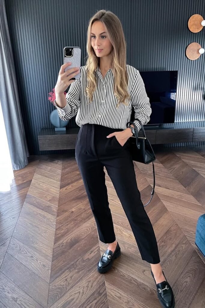 Striped Button-Down Shirt + Black Tapered Trousers + Black Chunky Loafers