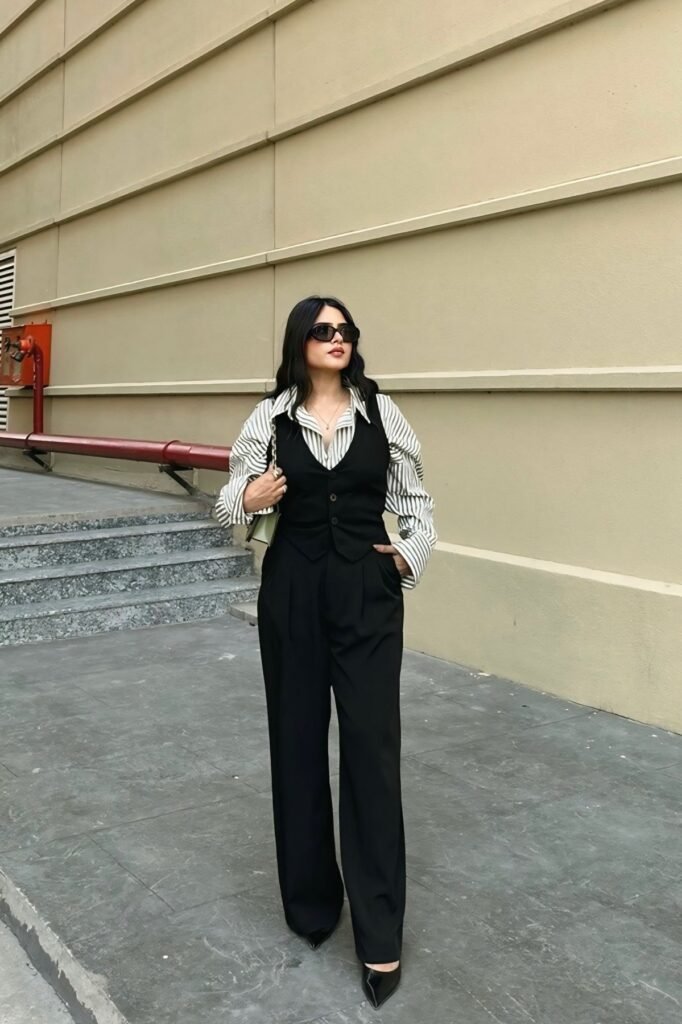 Striped Button-Up Shirt + Black Tailored Vest + Black Wide-Leg Trousers + Black Pointed Heels