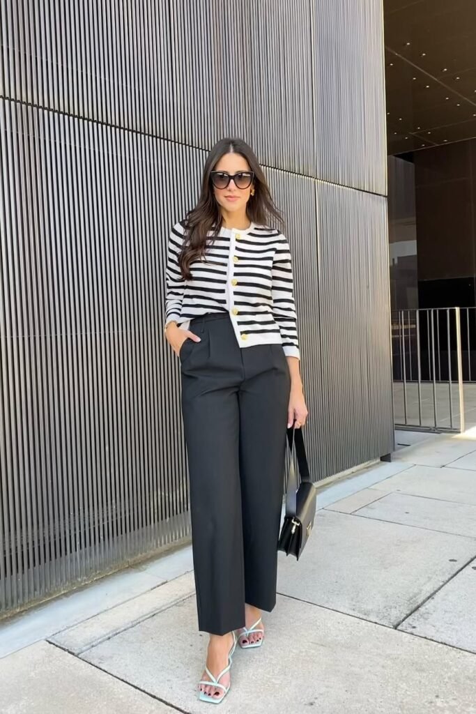 Striped Cardigan with Gold Buttons + Black Wide-Leg Trousers + Light Blue Strappy Sandals