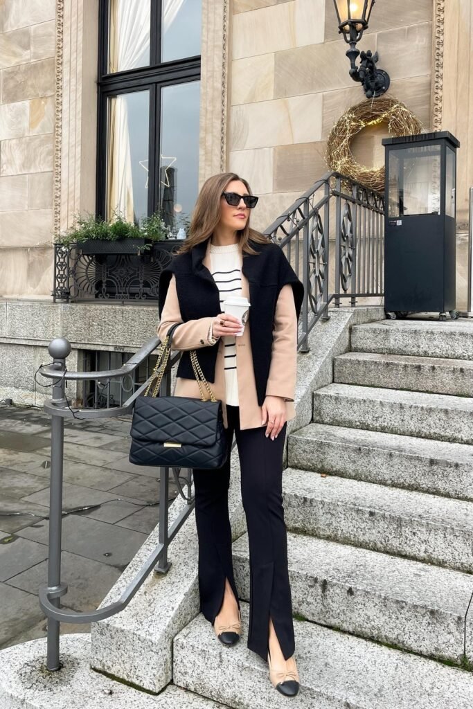 Striped Crewneck Sweater + Camel Blazer + Black Shoulder Sweater + Black Split-Hem Trousers + Two-Tone Ballet Flats