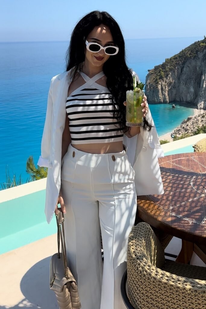 Striped Halter Crop Top + White Wide-Leg Trousers + White Oversized Blazer