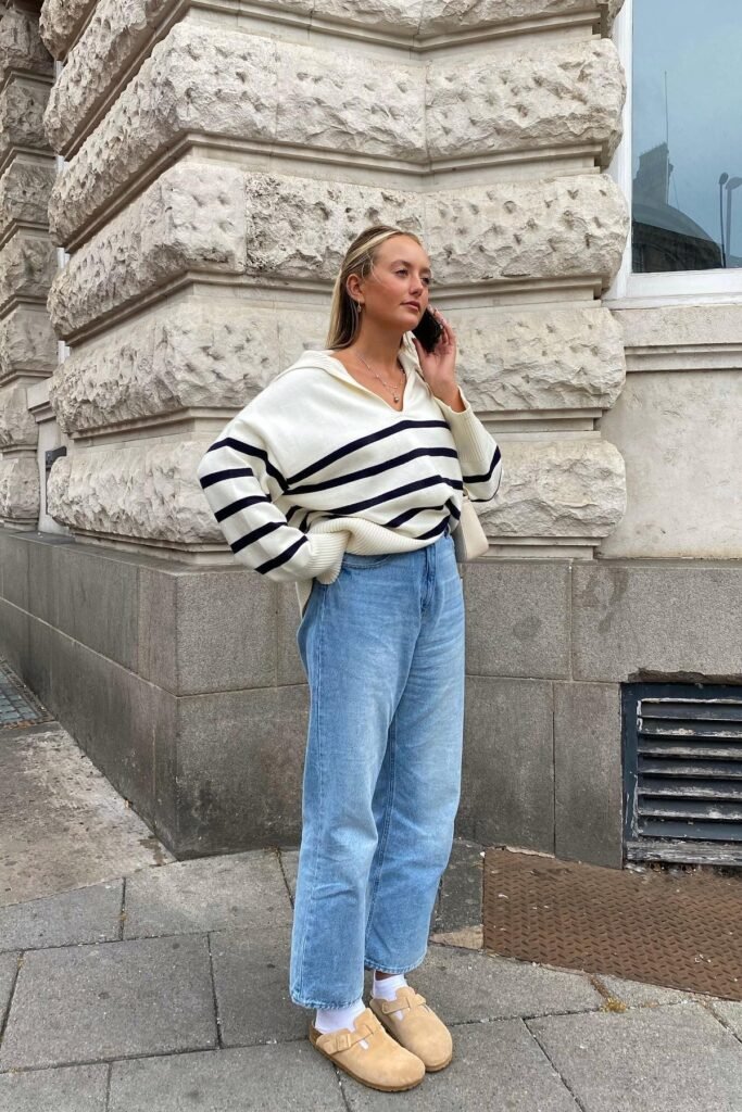 Striped Oversized Sweater + Light Blue Jeans + Beige Suede Clogs