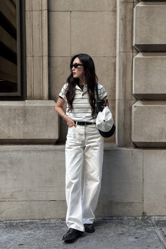 Striped Polo Shirt + White Wide-Leg Jeans + Black Loafers