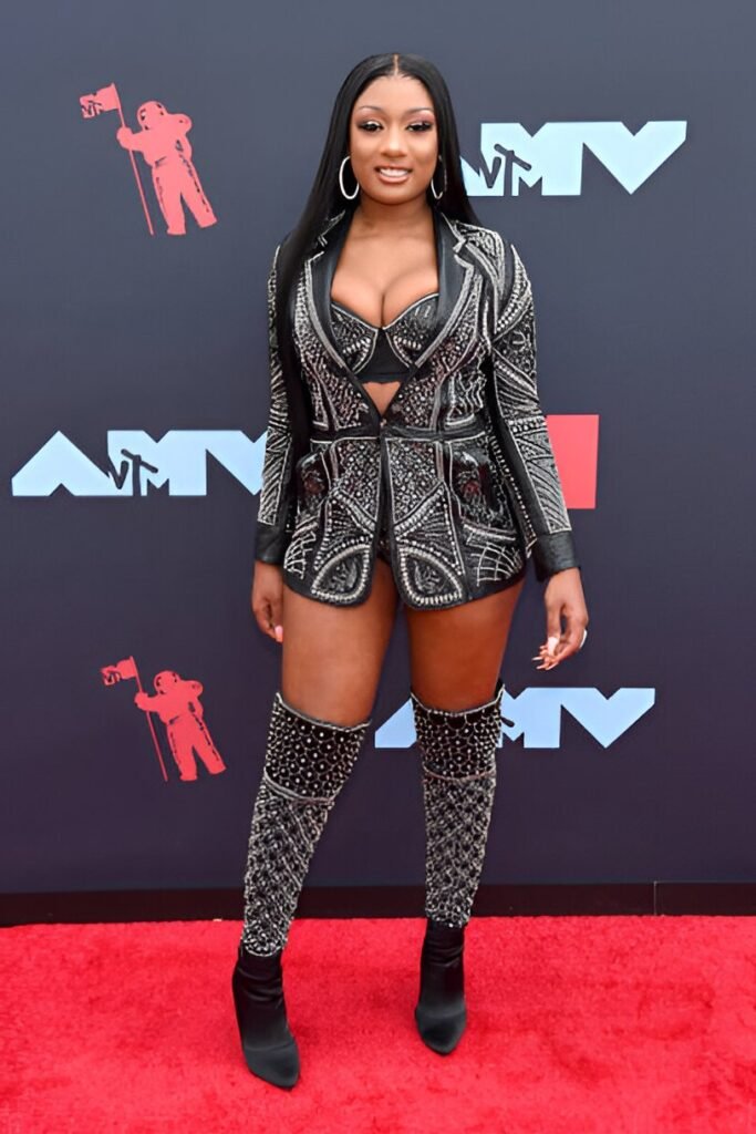 Studded Leather Blazer + Matching Bra Top + Thigh-High Studded Boots