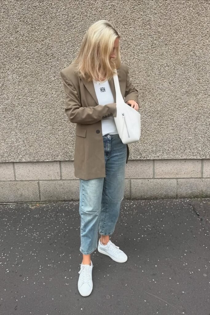 Tan Blazer + White Tank Top + Light Wash Jeans + White Sneakers