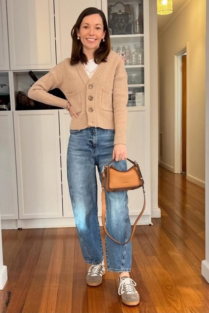 Tan Button-Up Cardigan + White T-Shirt + Light Wash Barrel Jeans + Brown Sneakers