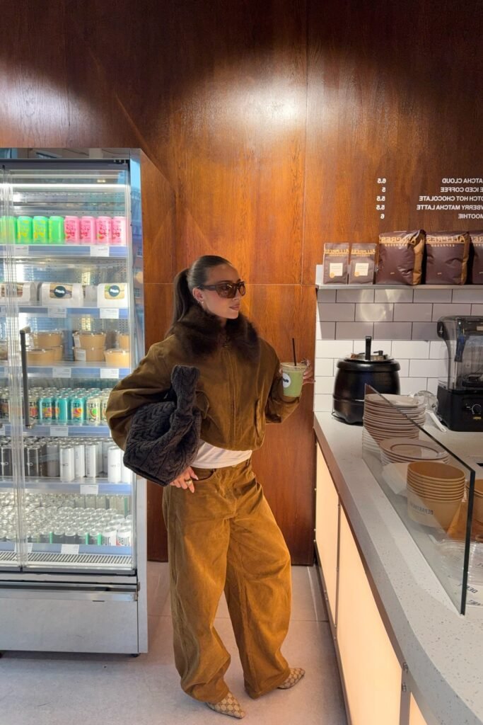 Tan Corduroy Cropped Jacket with Fur Collar + Matching Tan Corduroy Wide-Leg Trousers + Monogram Pointed Boots