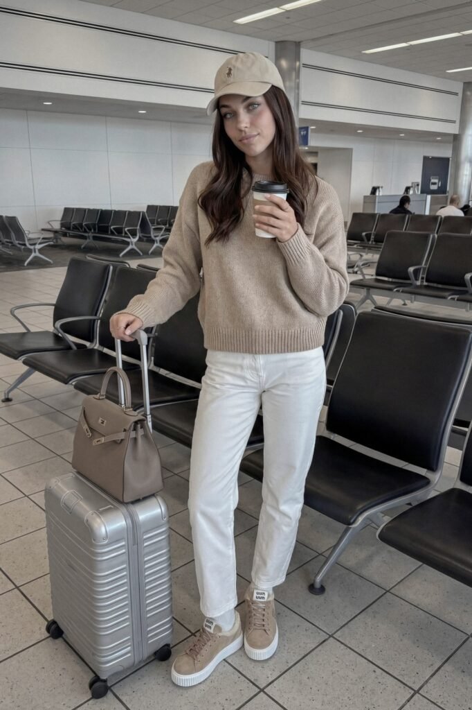 Tan Crewneck Sweater + White Straight-Leg Jeans + Tan Suede Sneakers + Beige Baseball Cap