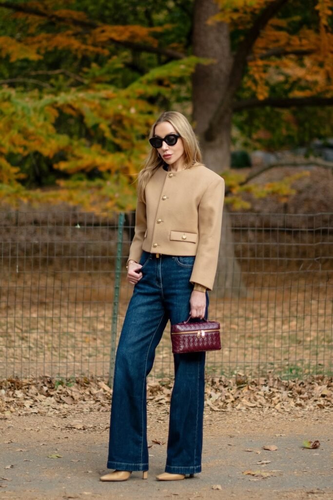 Tan Cropped Structured Jacket + Dark Wash Wide-Leg Jeans + Tan Square-Toe Boots