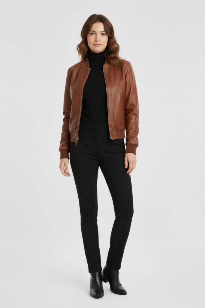 Tan Leather Bomber Jacket + Black Mock Neck Top + Black Slim-Fit Trousers