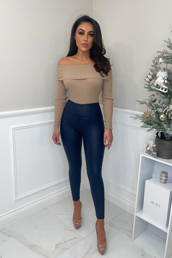 Tan Off-the-Shoulder Ribbed Sweater + Navy Blue Faux-Leather Leggings + Nude Peep-Toe Heels