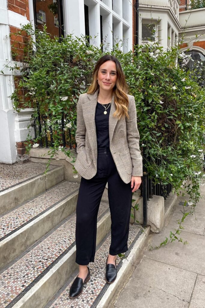 Tan Plaid Blazer + Black T-Shirt + Black Ankle-Length Trousers + Black Leather Loafers
